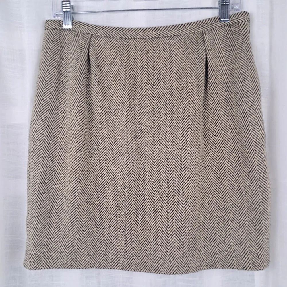 Ralph Lauren 6 Black Label 100% Silk Herringbone Pencil Skirt Black Tan Short